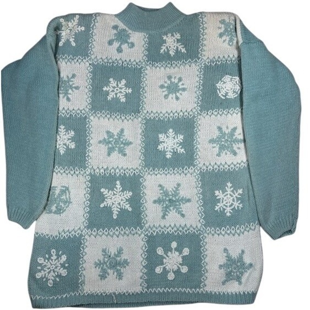Vintage OSC Snowflake Patchwork Cute Pastel Blue Women's Christmas Sweater Large